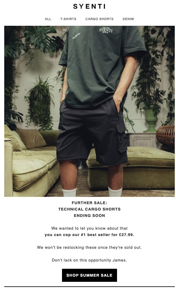Website homepage for SYENTI clothing brand featuring a man wearing cargo shorts and a T-shirt, standing in a room with indoor plants and furniture, with text promoting a sale on technical cargo shorts.