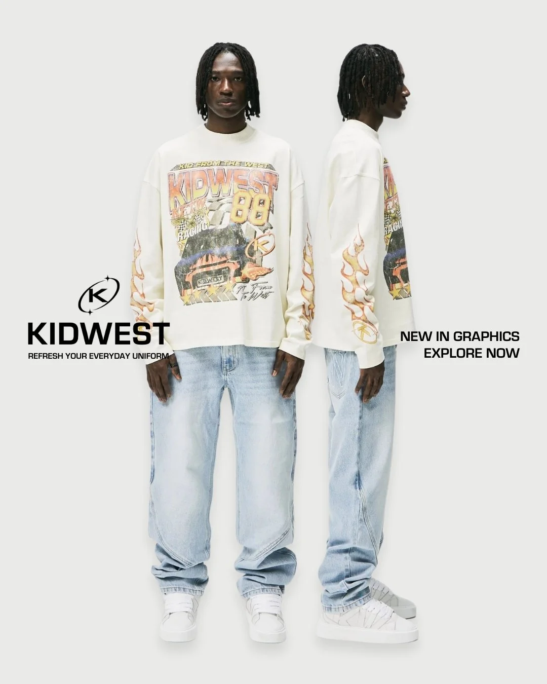 Two models wearing oversized Kidwest graphic sweatshirts and baggy jeans, standing against a plain white background, promoting new graphic designs and exploring the brand.