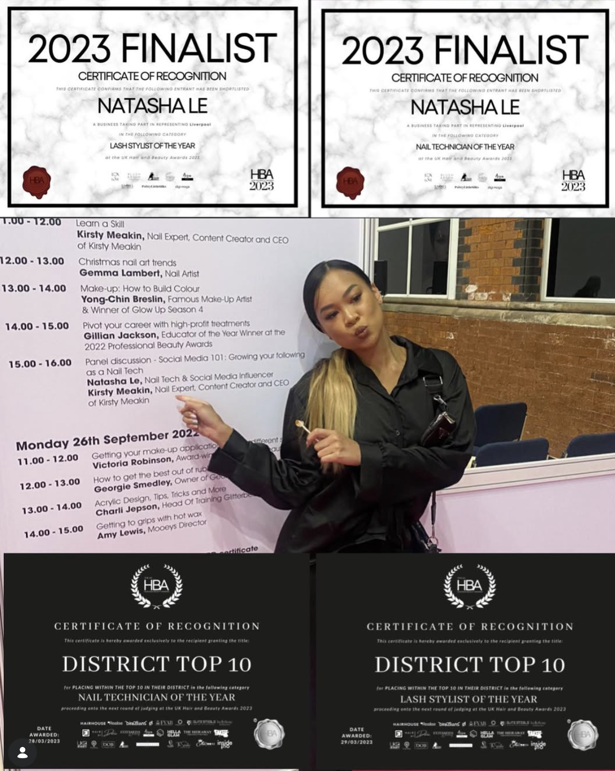Two certificates of recognition from the UK Hair and Beauty Awards 2023, one for Natasha Le as Nail Stylist of the Year and the other for Lash Technician of the Year. A woman with long blond hair, wearing a black jacket, is standing in front of a schedule and pointing at one of the certificates.