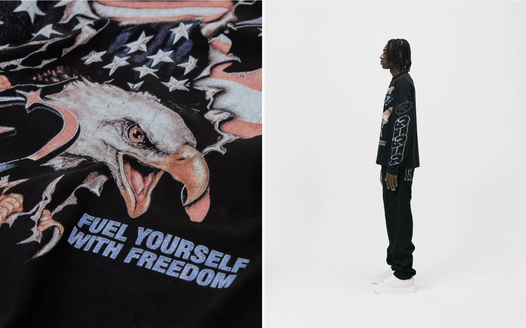 Close-up of a black graphic t-shirt with an eagle, American flag, and the words 'FUEL YOURSELF WITH FREEDOM'. A side profile of a person wearing the same graphic t-shirt, black pants, and white sneakers, standing against a plain white background.