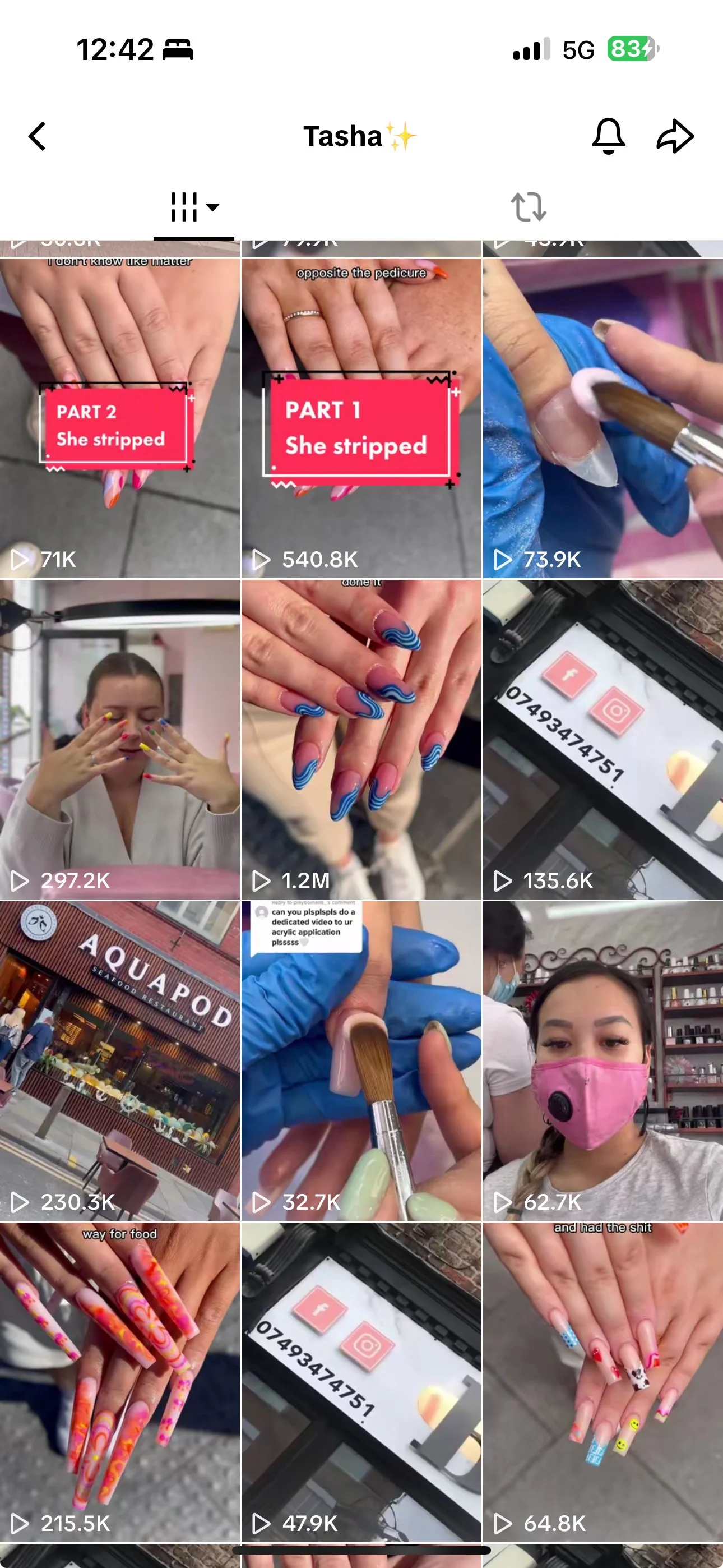Collage of manicure videos showing nail painting, nail art, and manicures at a nail salon.