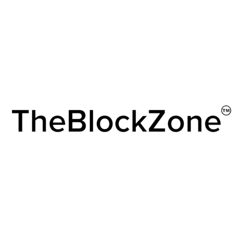 Logo for TheBlockZone, featuring black text on a gray background.