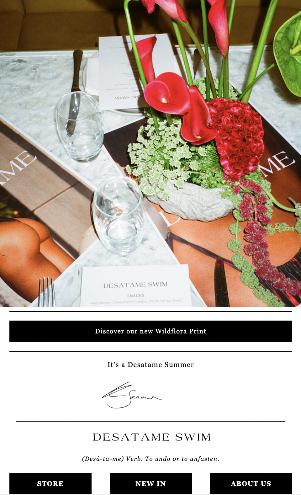 A floral arrangement with red flowers on a table, with a wine glass, a knife, and menus nearby, and promotional text about Desatame Swim merchandise and summer theme.