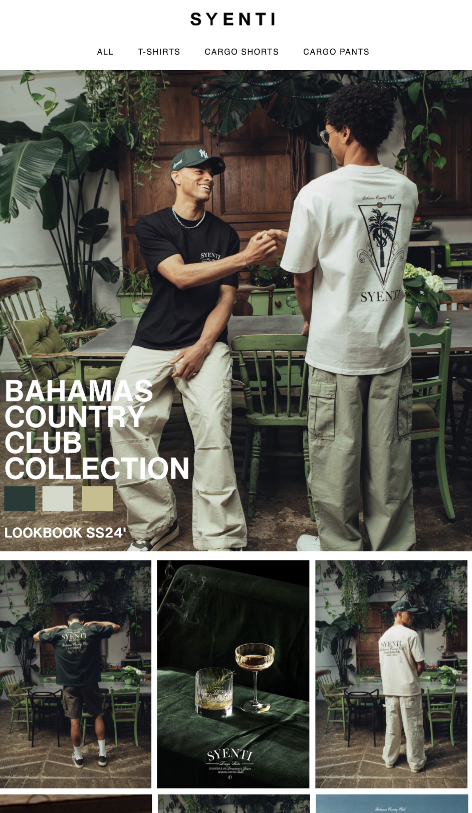 Two men shake hands inside a lush, green indoor space with plants and wooden furniture, one wearing a black t-shirt and cap, the other in a white t-shirt with a graphic print and glasses, promoting the Bahamas country club collection.