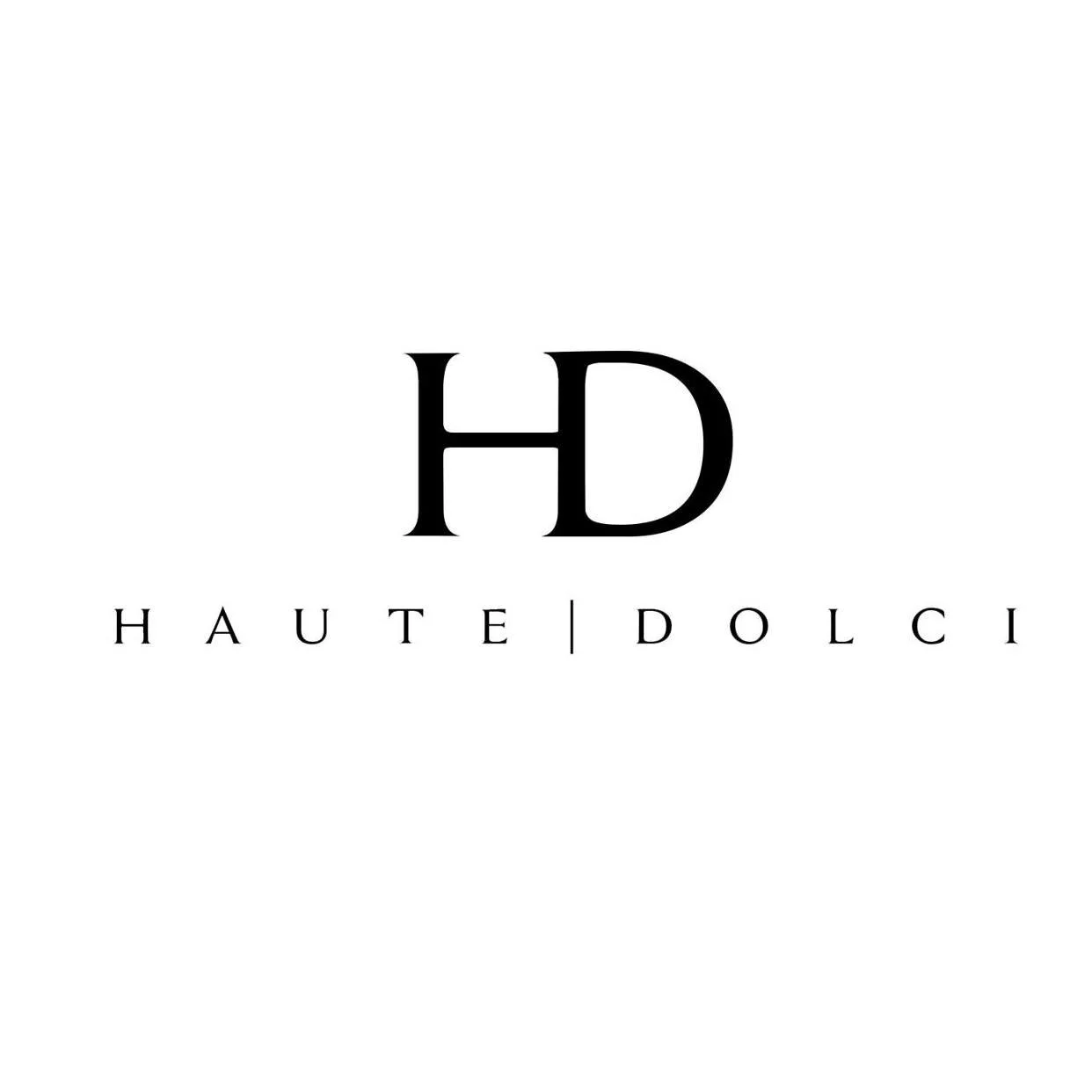 Logo with large black Letters 'HD' and the words 'HAUTE DOLCI' below, separated by a vertical line, on a white background.