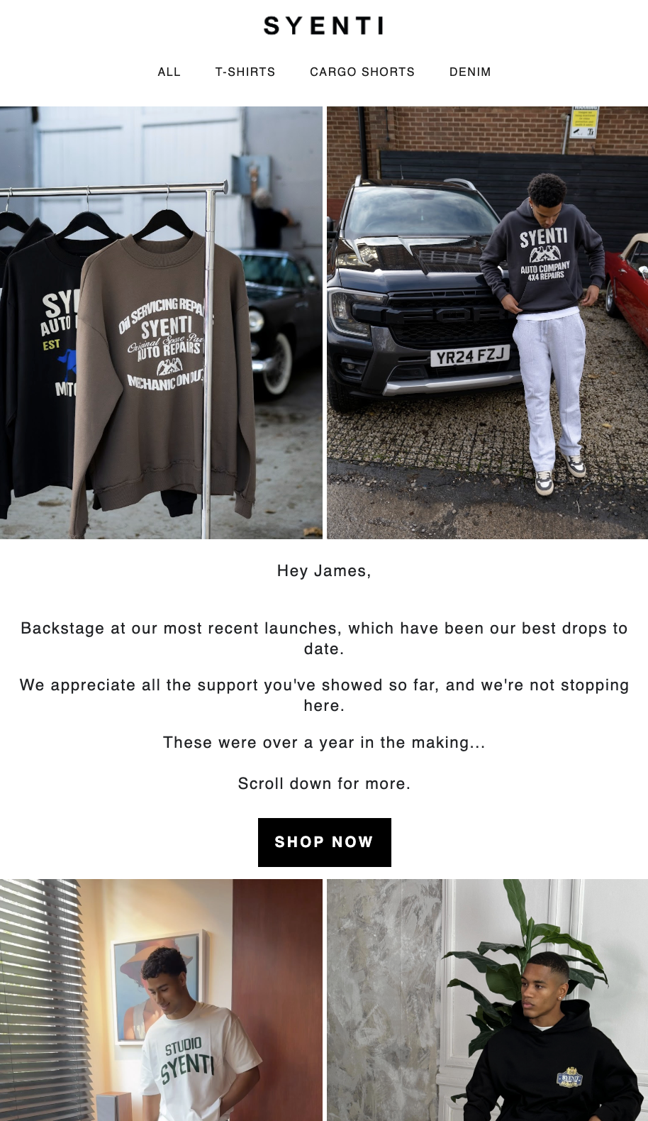 Online clothing store homepage featuring sweatshirts, T-shirts, cargo shorts, and denim, with images of young men wearing the apparel outdoors and indoors.