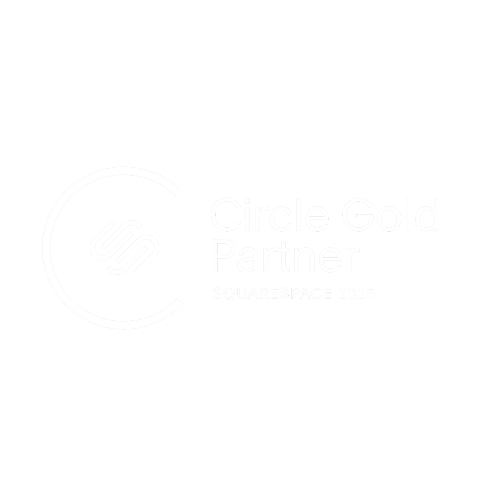 Black square with white text and logo. The logo is a circle with a stylized 'S' inside. The text reads 'Circle Gold Partner' with 'Squarespace 2025' underneath.