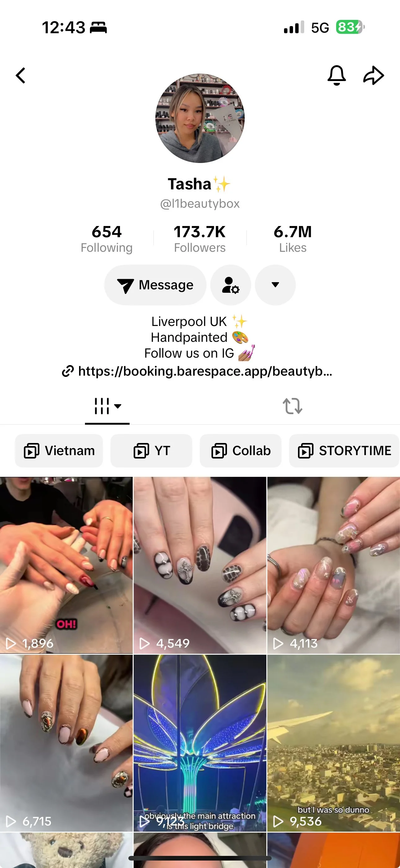 Screenshot of a TikTok user's profile page named Tasha, showing her profile picture, follower count, and a grid of videos related to nail art, an amusement park, and personal moments.