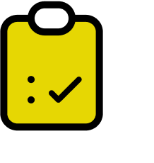 A yellow clipboard with a checkmark and four dots.