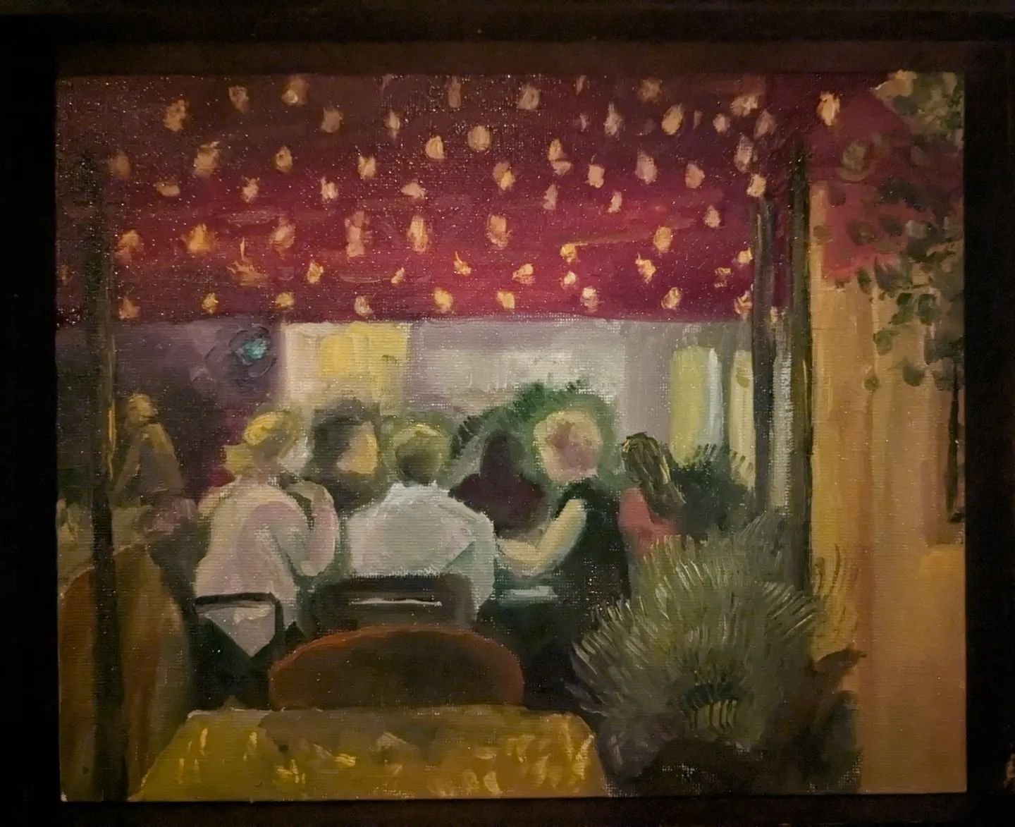 Something a lil different for #pleinairpril on Saturday: painting from life at night (!!) in a more indoor environment (!!!) in oils (!!!!) The lighting on the patio was so dim that I had to depend mainly on memory to mix my colors - swipe to see wha