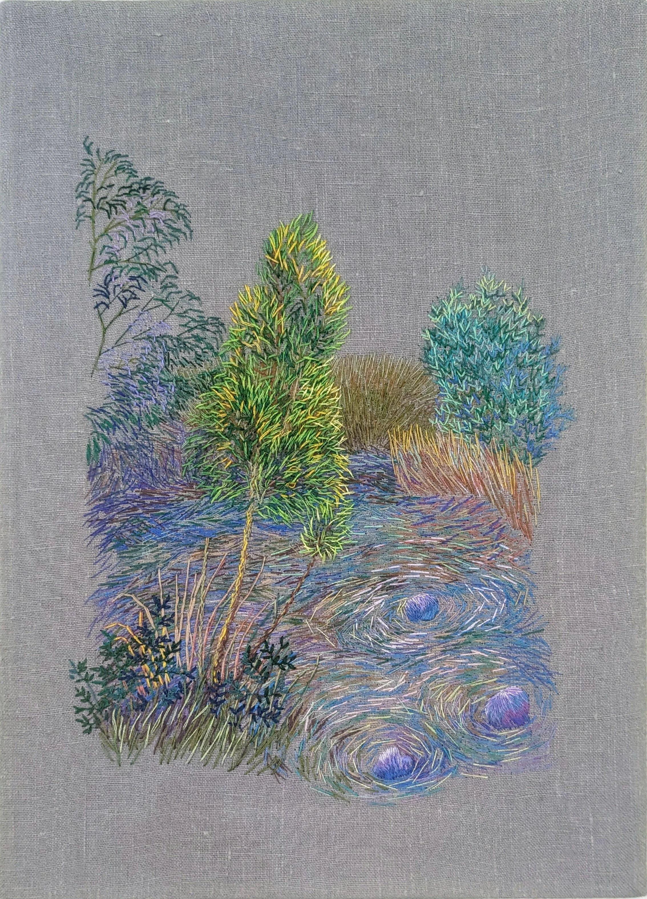 "Pond with Willow Saplings" (2024)
Hand embroidery on linen, 16 x 12 inches.