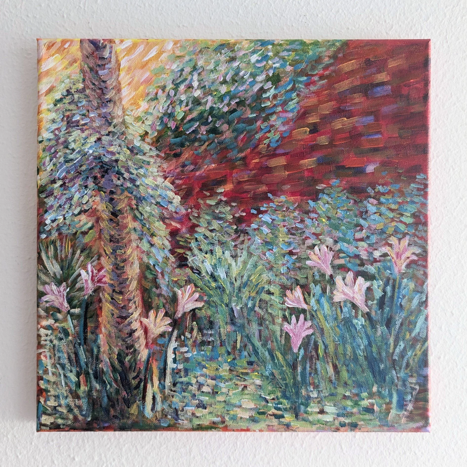 "Cypress with Belladonna Lilies" (2023)
Acrylic on canvas, 12 x 12 inches.