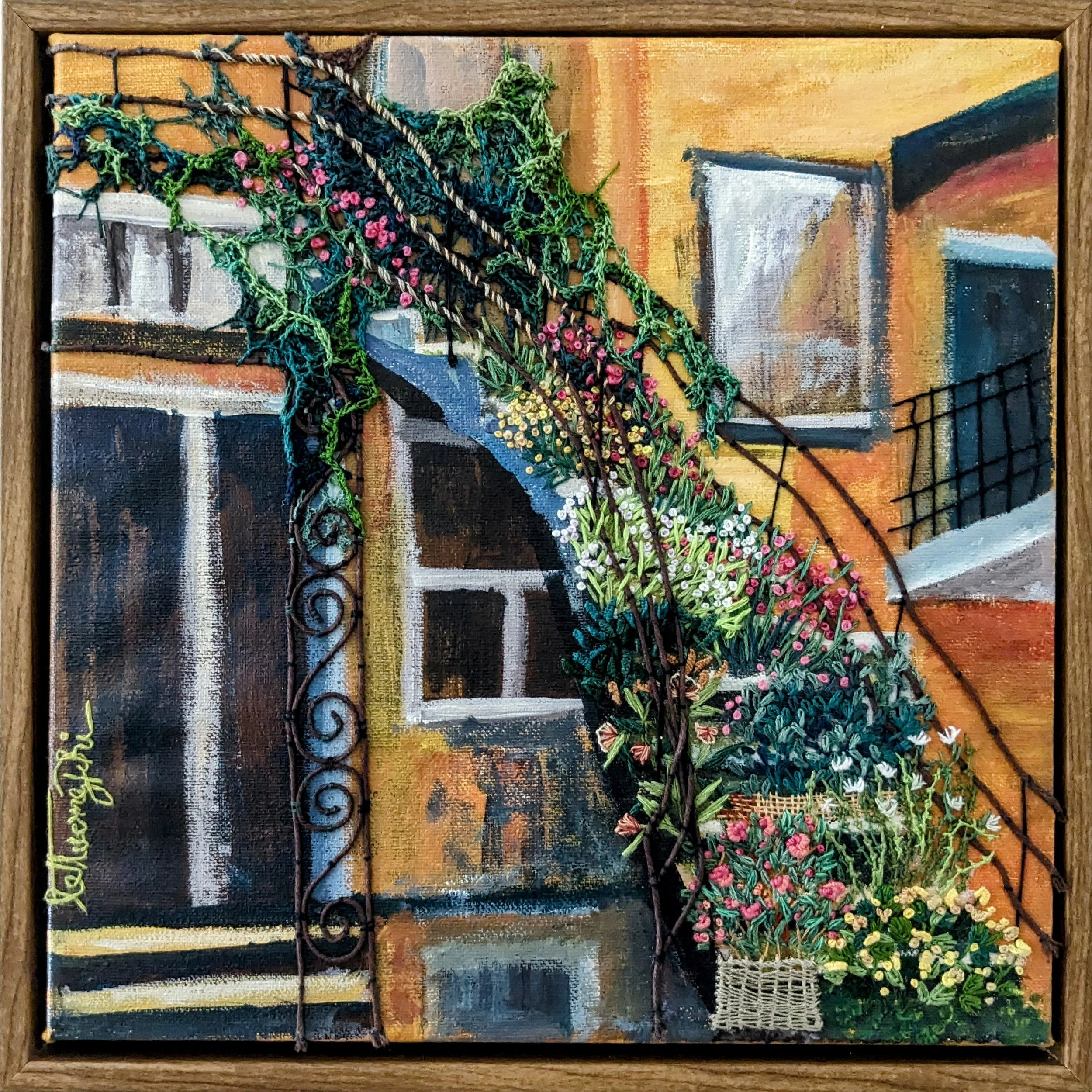"Floral Staircase" (2024)
Hand embroidery on painted canvas, 10 x 10 inches. Private collection.