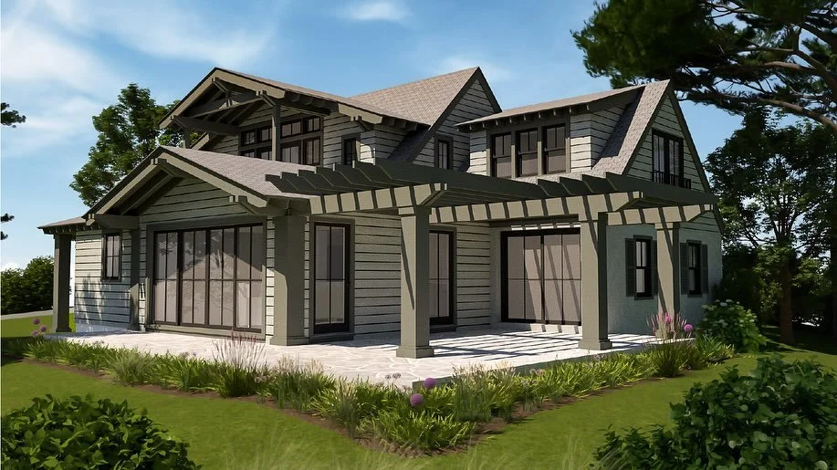 Renderings for our new craftsman style project, whose dark natural color palette was chosen to fit the forested, brookside site

#rendering #residential #architecture #plans #design