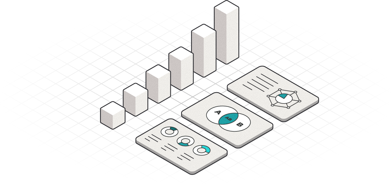 Isometric illustration of various data charts and graphs, including a bar chart, pie chart, and line graph on rectangular cards, with 3D white cubes in the background.