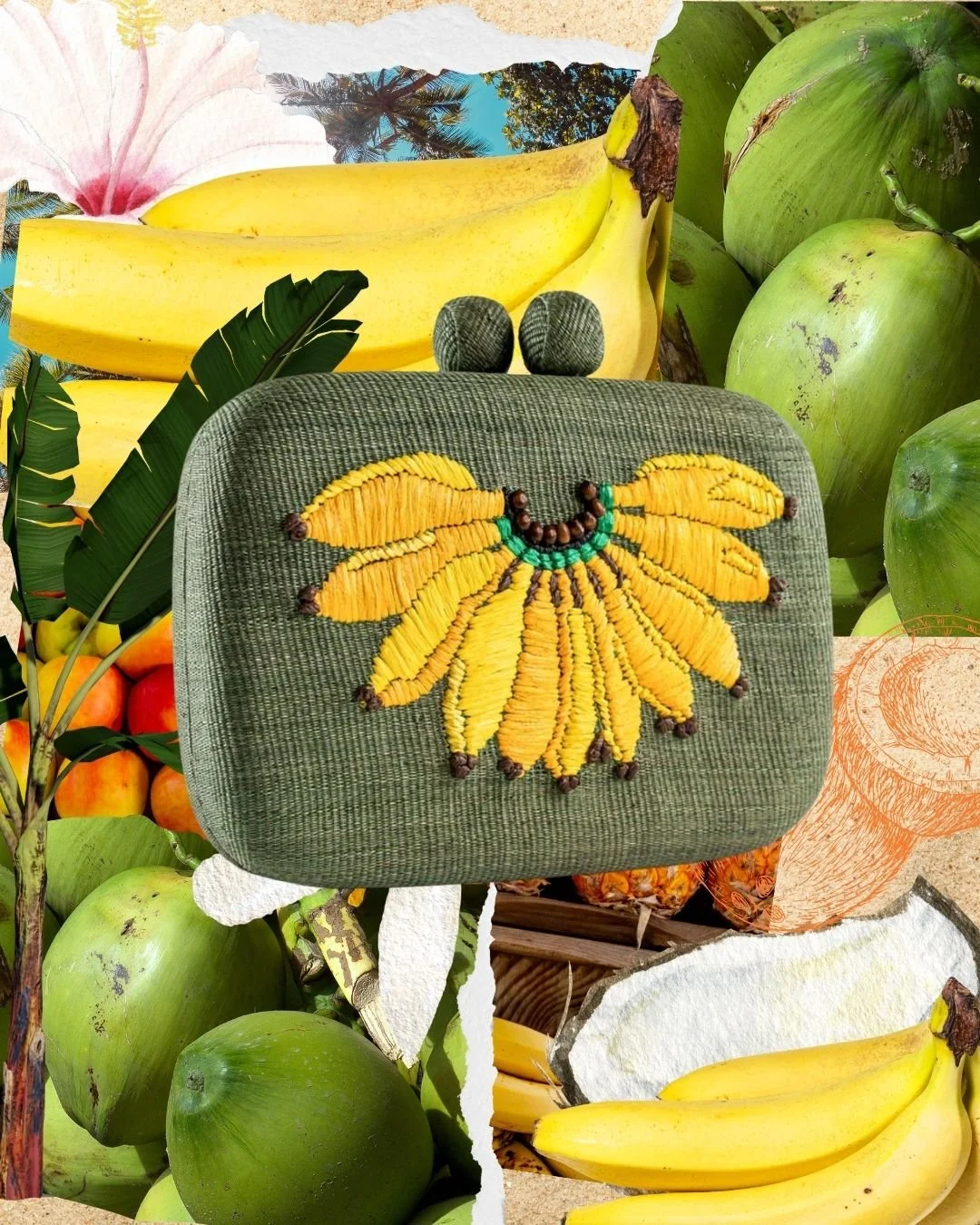 A green fabric-covered box with a yellow embroidered butterfly design and a beaded necklace on top, surrounded by an collage of tropical fruits including bananas, coconuts, mangoes, and a backdrop with a floral and palm tree pattern.