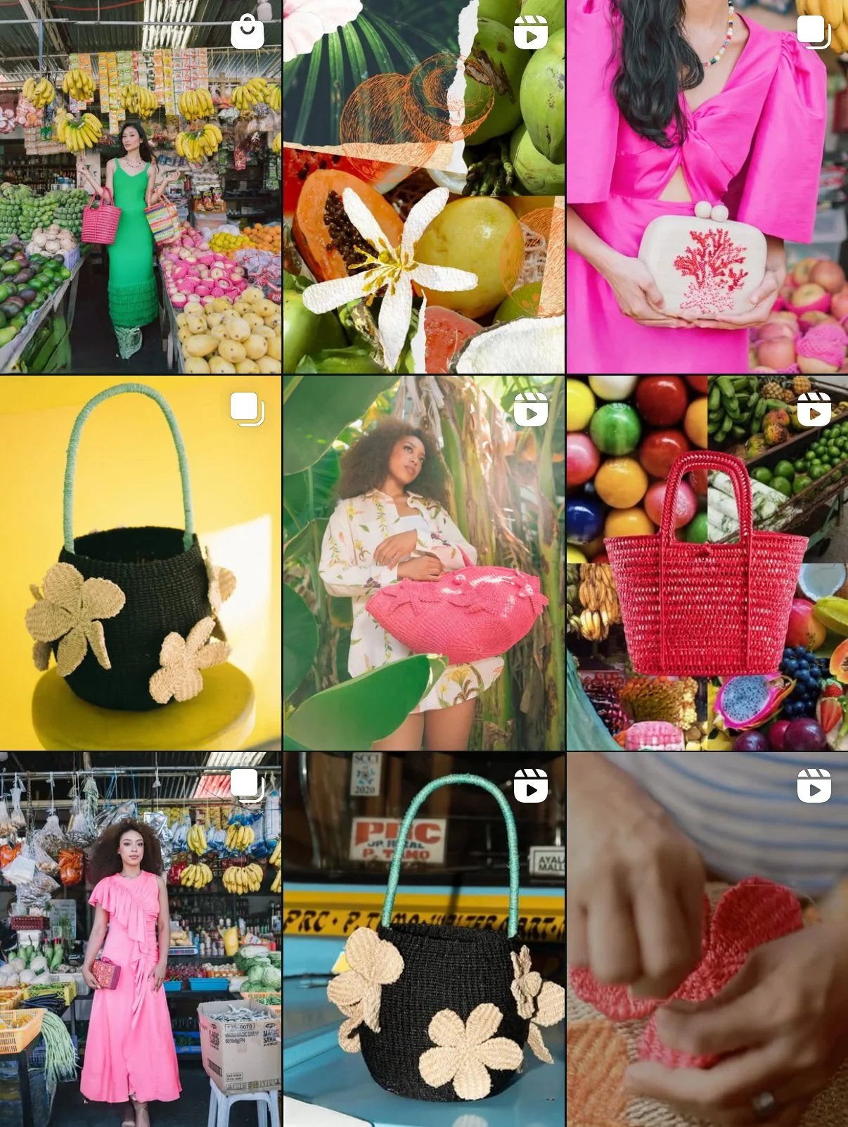 Collage of women shopping at a market, posing with colorful handbags and surrounded by fresh fruits and vegetables.