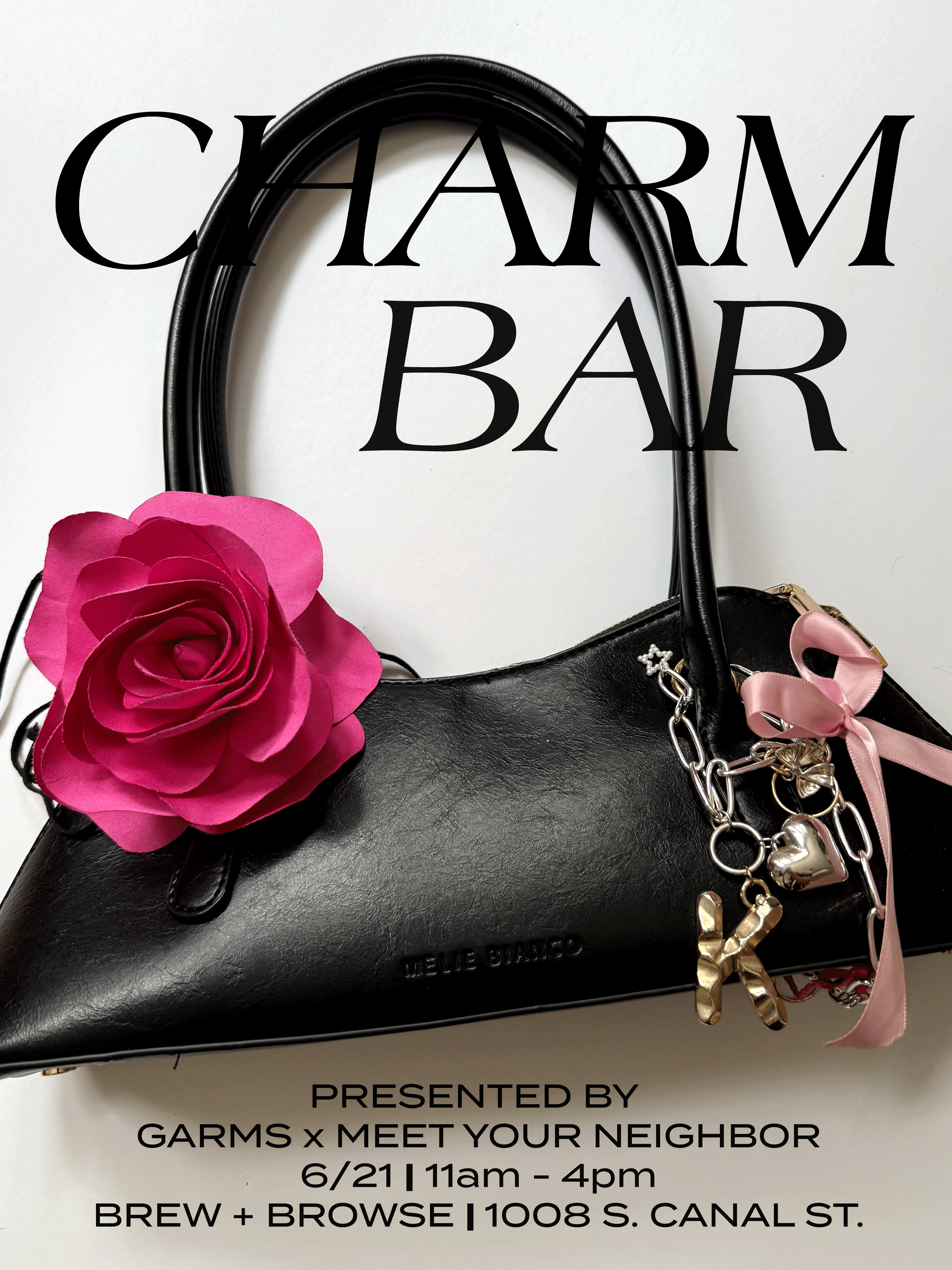 Black handbag decorated with a pink rose and silver charms, with text overlay promoting a charm bar event.