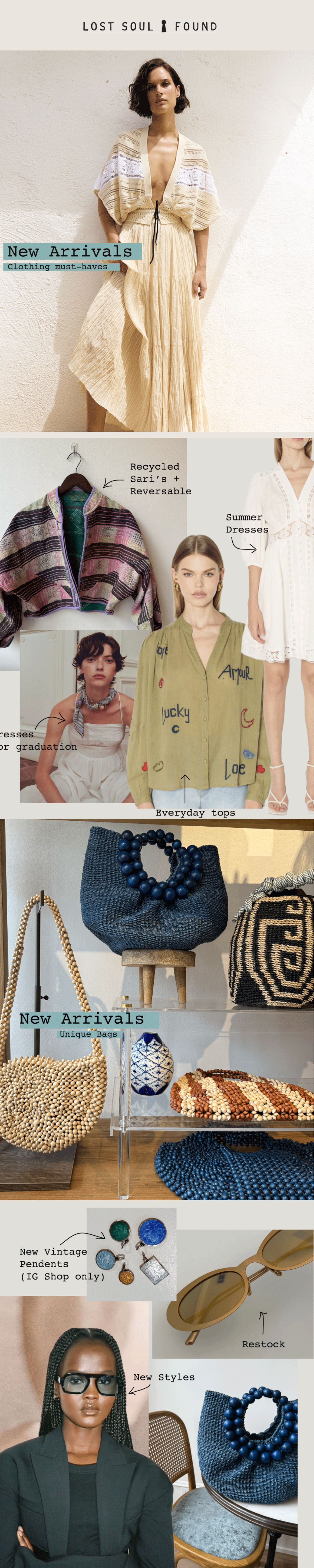 Fashion collage featuring models and accessories. Top: woman in beige outfit with hair styled in waves. Middle: various clothing items and accessories, including a colorful jacket, white summer dress, and light green blouse with doodles. Bottom: handbags, jewelry, sunglasses, and a model in black blazer with braided hair.