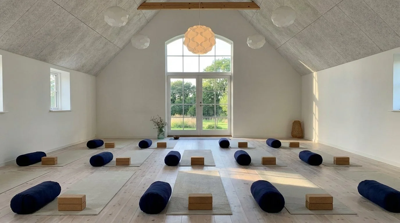 Yoga studio with mats, bolsters, and blocks arranged for a class, large windows and bright natural interior