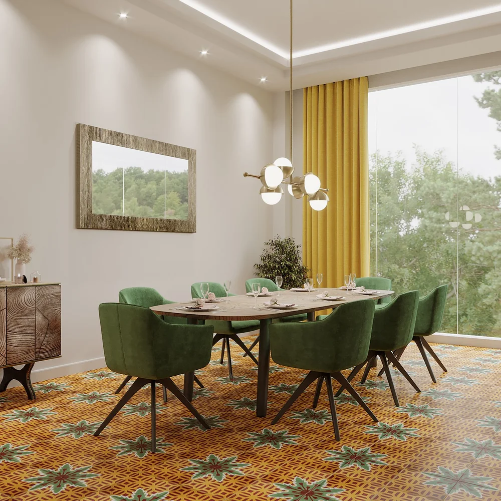 Dining room with a patterned cement tile floor by LiLi Tile