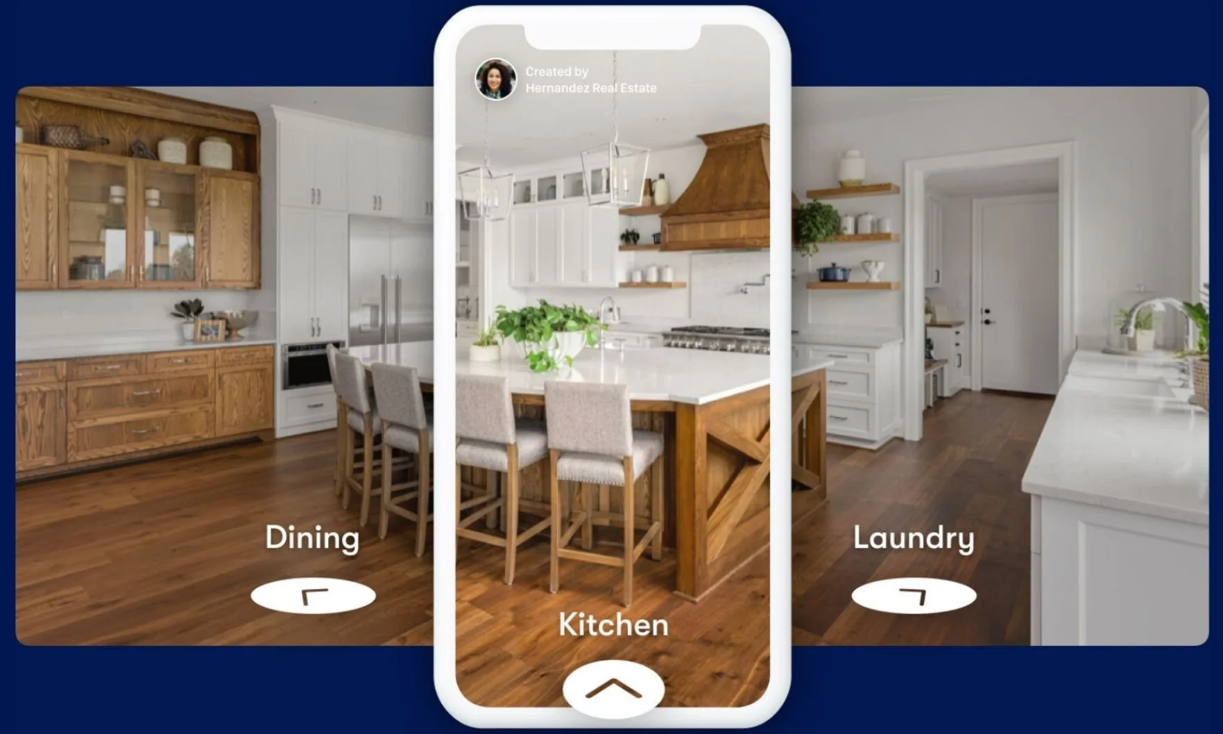 A virtual home tour interface showing a kitchen with white cabinets, wooden upper cabinets, and a kitchen island with seating. Labels indicate 'Dining,' 'Kitchen,' and 'Laundry' areas, with a pop-up view of the kitchen on a smartphone screen.