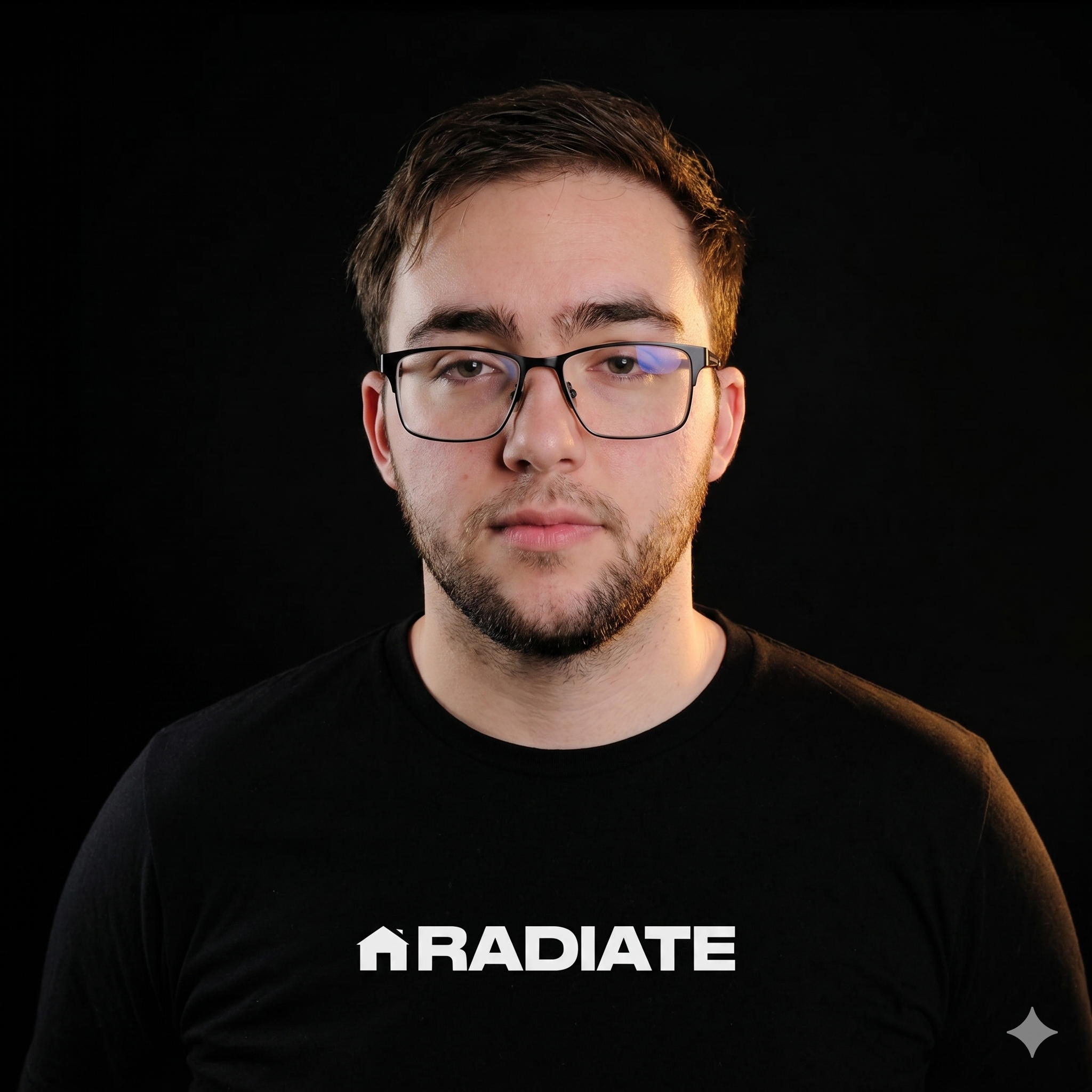 A young man sitting on a gray couch indoors, wearing glasses, a white t-shirt, and a watch, with a modern glass-walled room in the background.