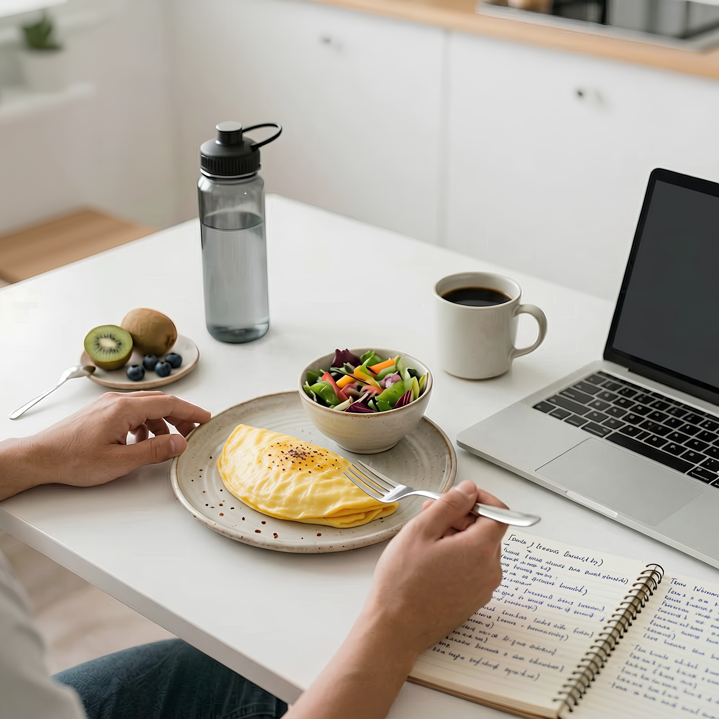 Eine Person liest handschriftliche Notizen in einem schwarzen Spiralbuch, während sie am Tisch sitzt, mit einem Laptop, einem Teller mit Omlette, einer Tasse Kaffee, einem Wasserflasche und einer Schale mit Obst auf dem Tisch.