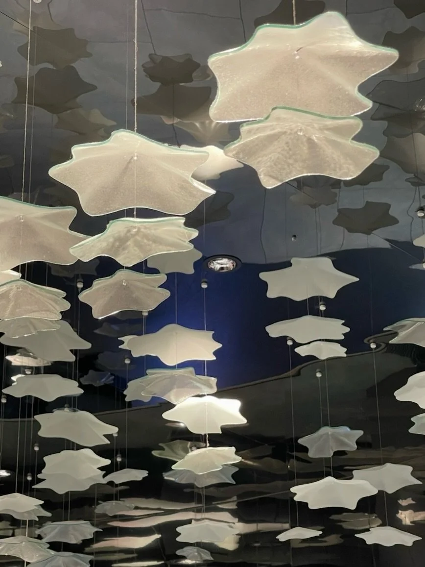 Our Falling Leaves installation, look they&rsquo;re floating glass motifs that emit sinuous pools of light on the ceiling and the floor below. 

Creating a welcoming statement for arriving guests in the foyer @easts_leaguesclub in Queensland. 
Interi