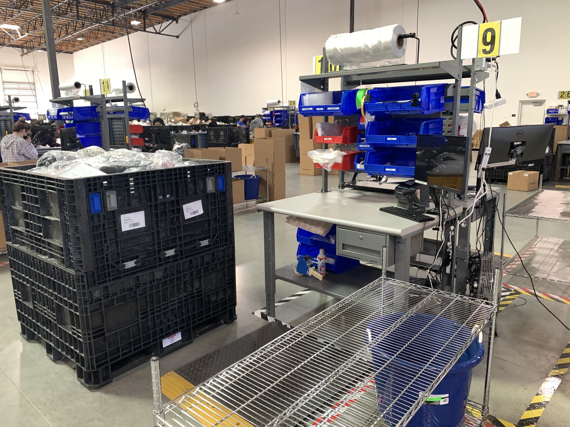A processing station where specialists sort return items into shipping boxes specific to each retailer.