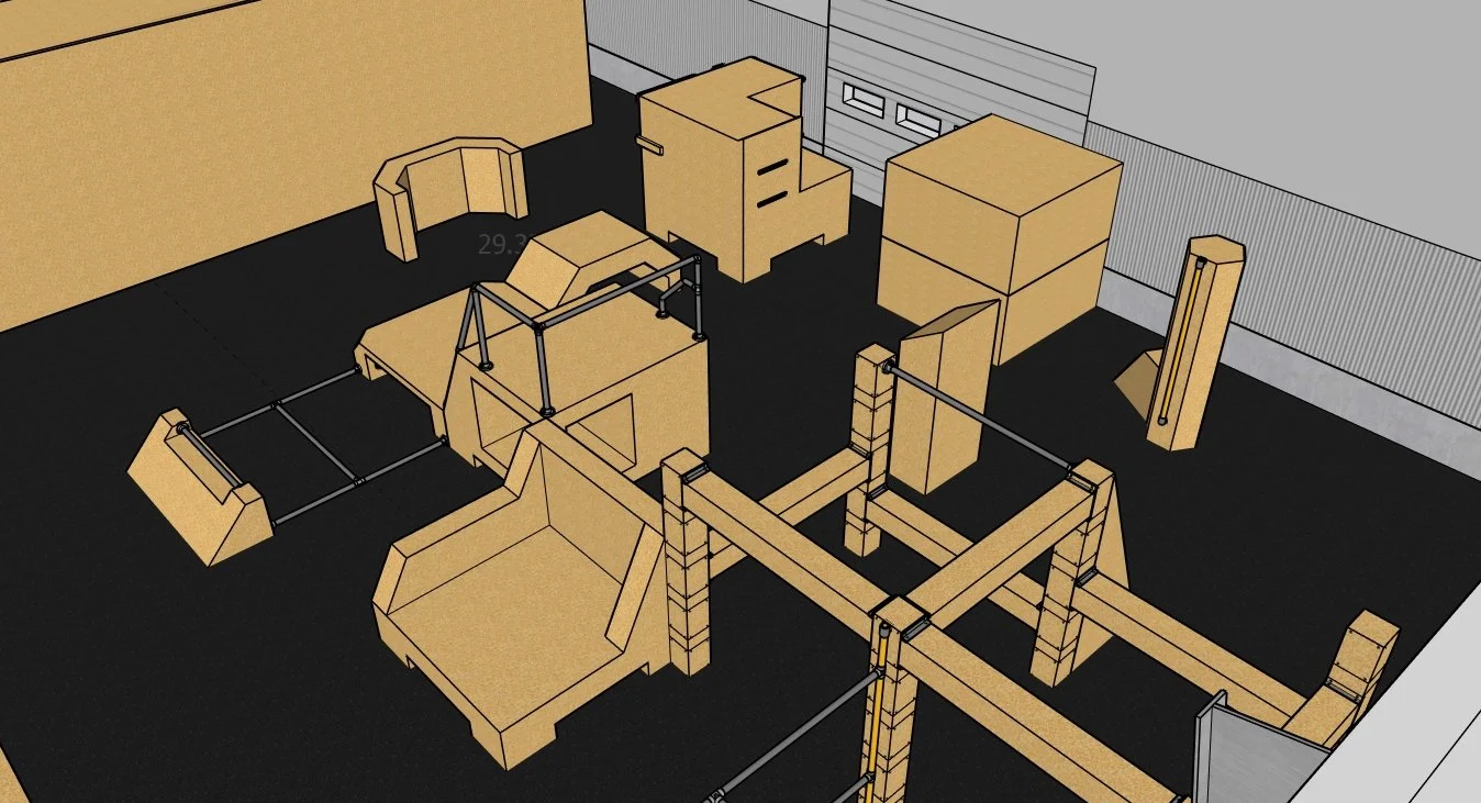3D rendering of a woodworking or workshop workspace with various wooden structures, tools, and storage boxes on a black floor.