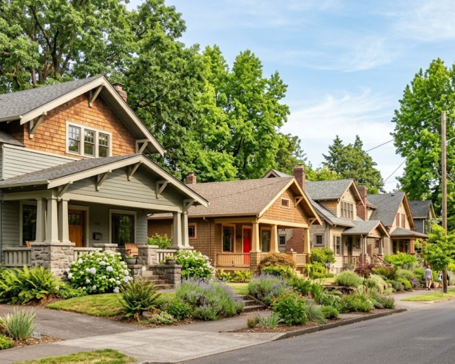 A tree-lined residential street in Portland, Oregon, with craftsman-style homes