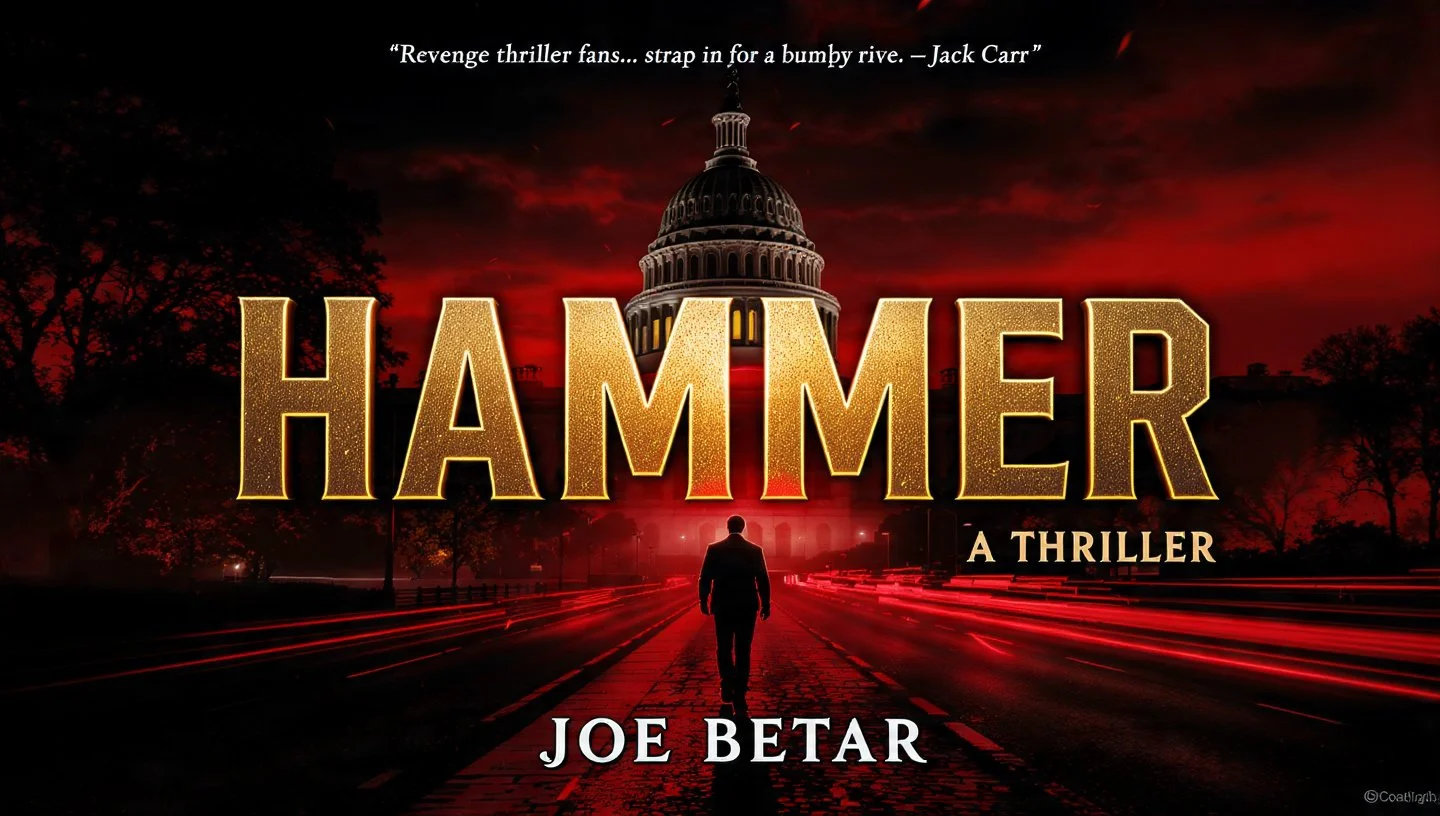 HAMMER cover by Joe Betar, featuring a dark, red-toned cover with a lone silhouetted man walking toward the U.S. Capitol at night; bold yellow title text “HAMMER"