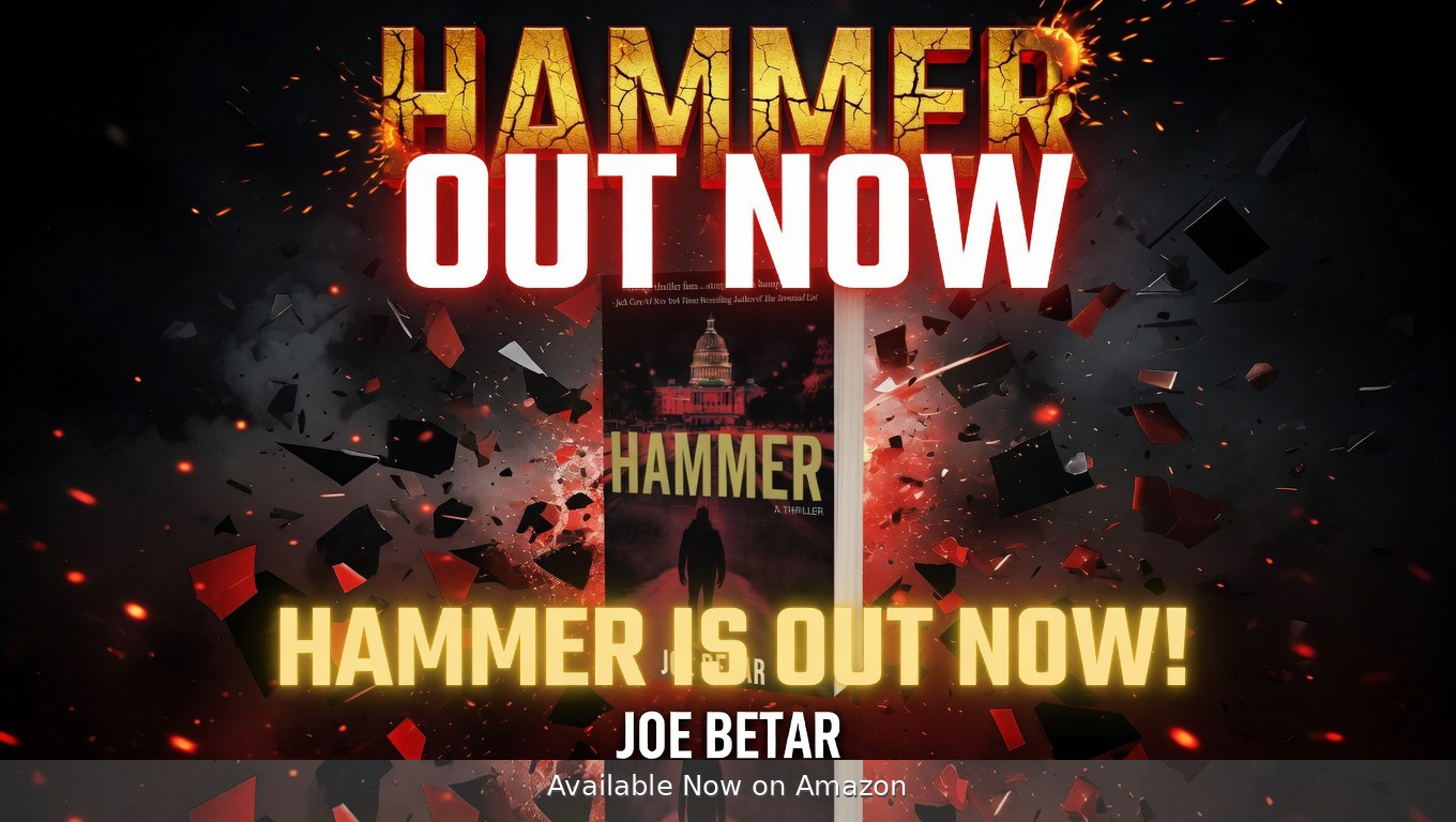 HAMMER cover by Joe Betar, featuring a dark, red-toned cover with a lone silhouetted man walking toward the U.S. Capitol at night; bold yellow title text “HAMMER"