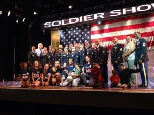 Onstage with our awesome service men and women in the US Army after their performance of “The Soldier Show”.