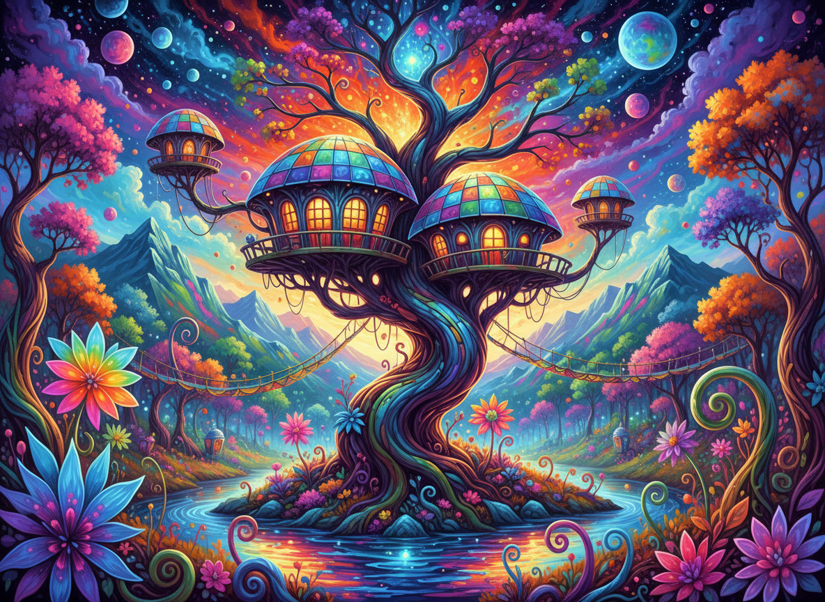 Modern abstract-themed room with swirling blue and red patterns on walls, ceiling, and floor. Large windows allow natural light to flood the space, highlighting a beige sofa, coffee table, and decorative vases.