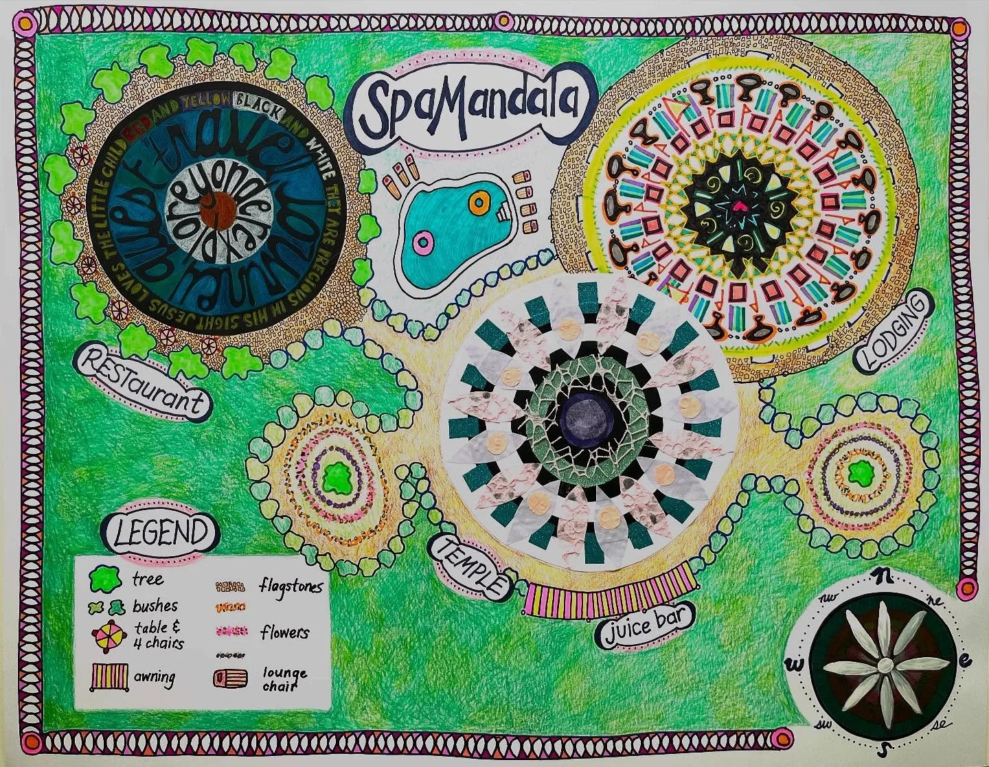 My example for final day with 7-8th graders at Camp ArtSpark. Campers made one mandala each day with different mediums. Then we pulled them together into a traditional map. LOVE.
