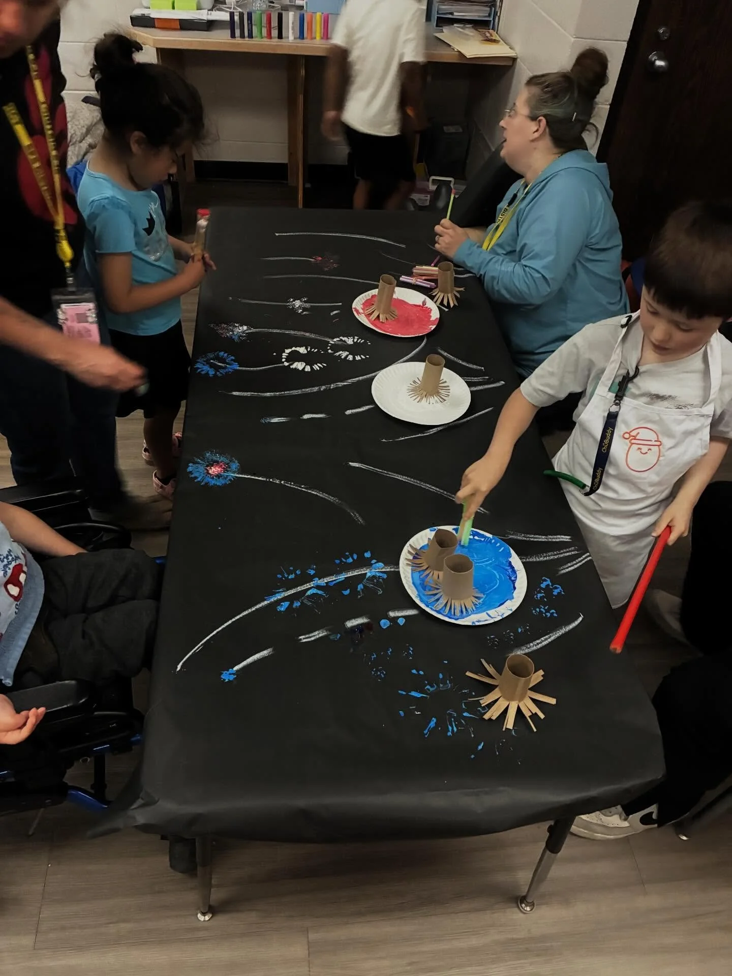 Collaborative fireworks printing with an elementary CBI class. Kids loved it!