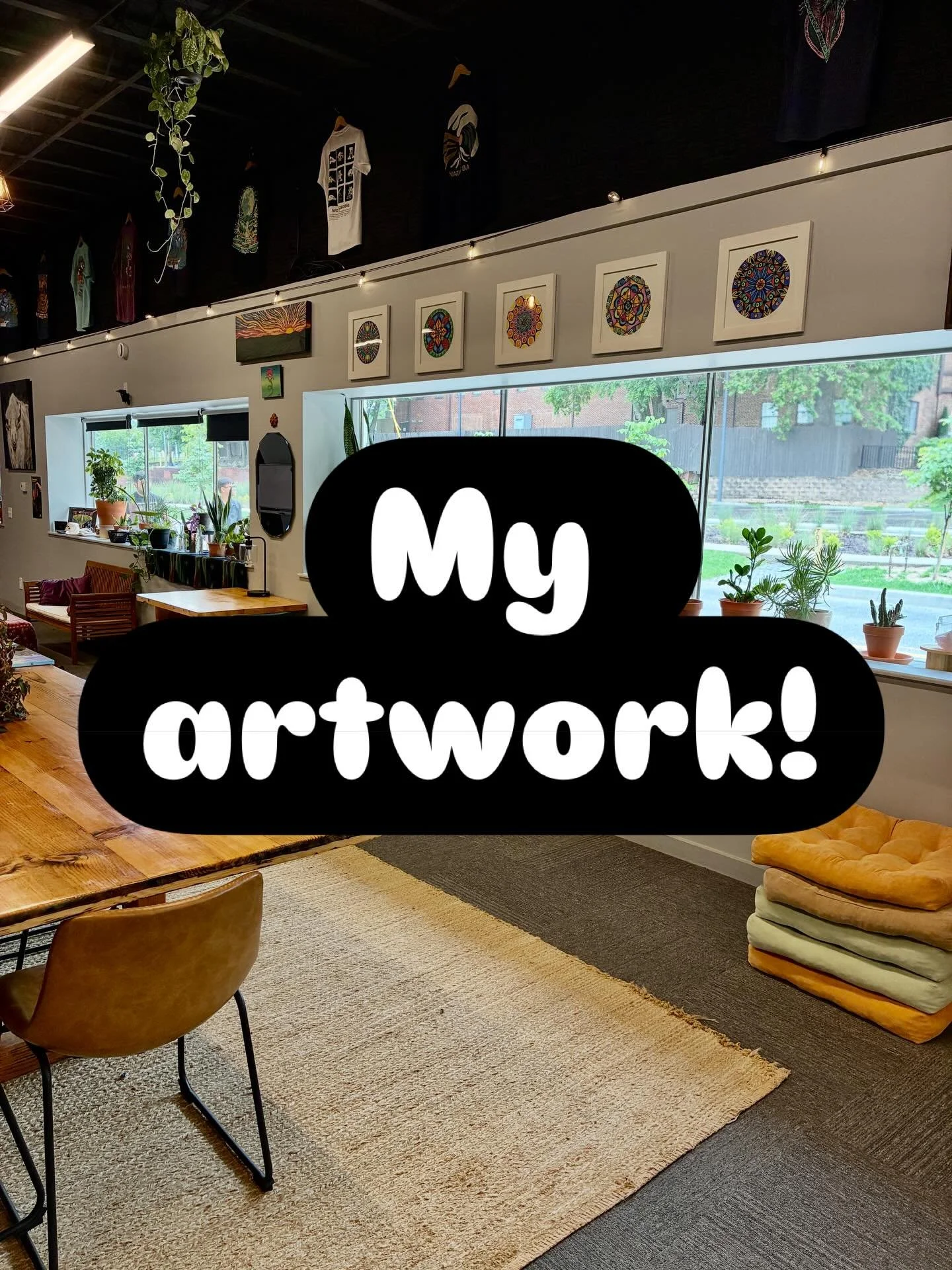 Check it out. 5 of my framed MANDALAS in this amazing space. Go say hey to Bo. He&rsquo;s creating a very cool and vibing community space right next to campus. And there&rsquo;s coffee! 
🖼️☕️❤️🙌