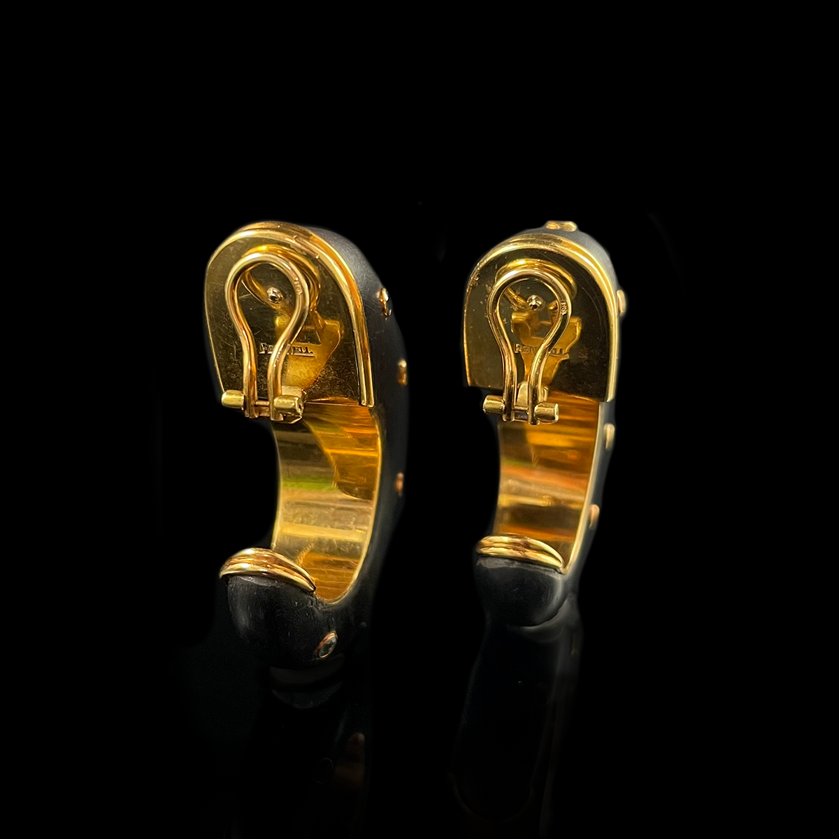 18K Yellow Gold Ebony and Gemstone Earrings signed Fennell Back.png