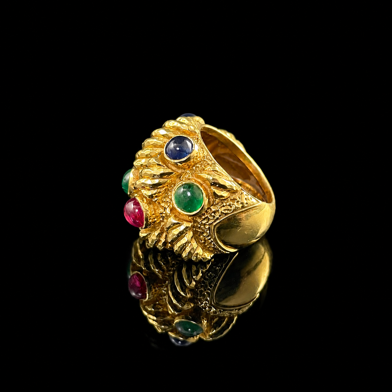David Webb 18K Yellow Gold Emerald, Ruby, and Sapphire Ring Side.png