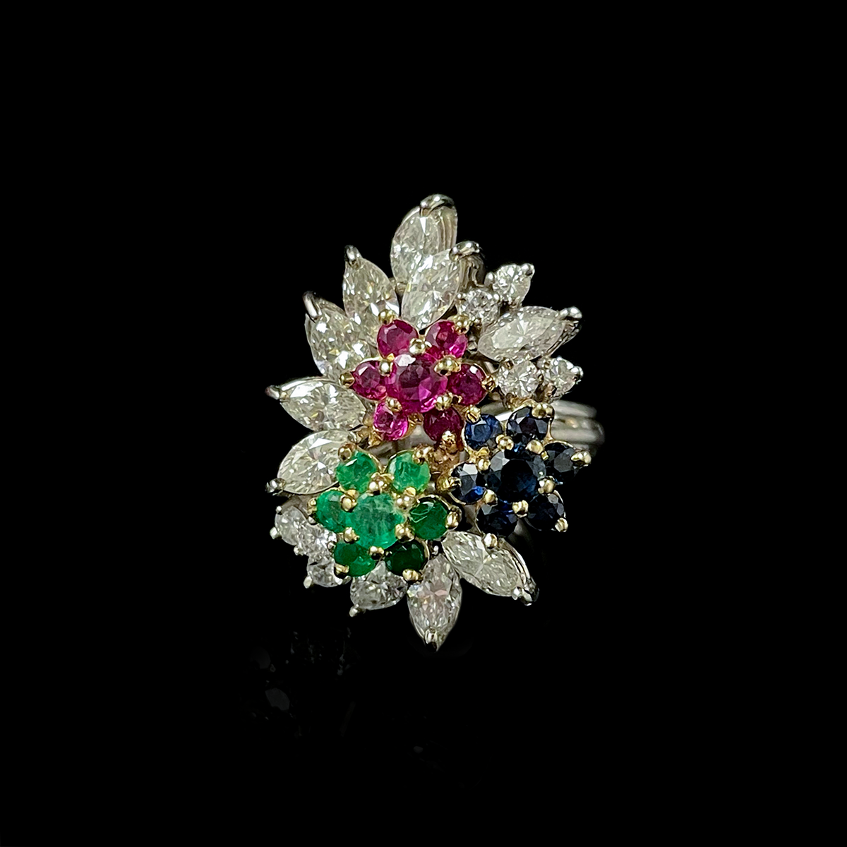 14K Yellow:White Gold Diamond, Emerald, Ruby, and Sapphire Cluster Ring.png