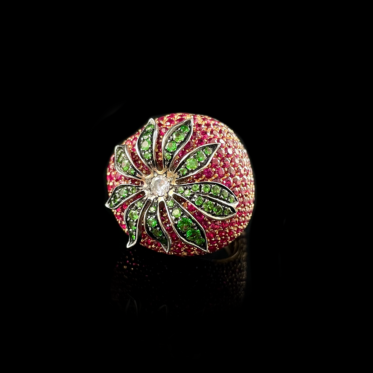 18K Rose Gold Ruby, Tsavorite Garnet, and Diamond Strawberry Ring signed Sillam Front.png