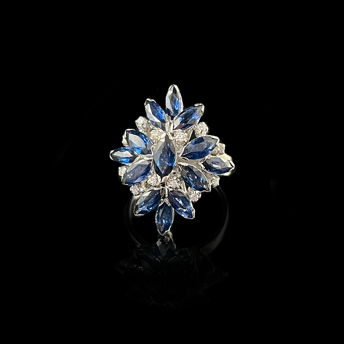 18K White Gold Sapphire and Diamond Cluster Ring