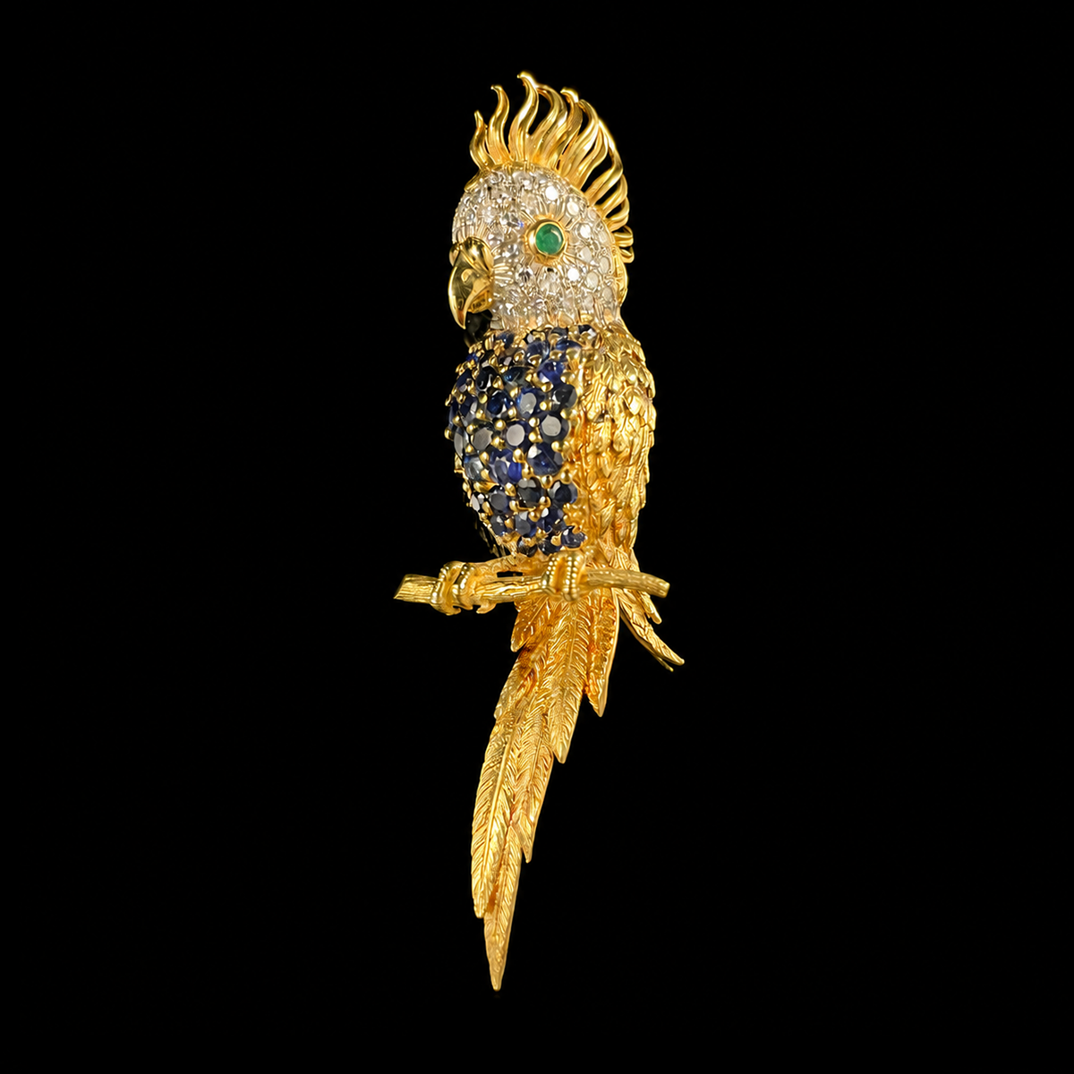 18K Yellow Gold Sapphire, Diamond, and Emerald Parrot Brooch.png