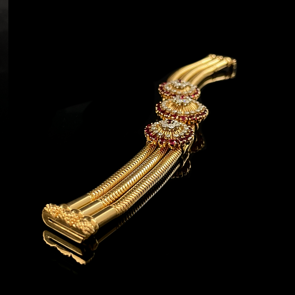 French Retro-Style 18K Yellow Gold Diamond and Ruby Bracelet.png