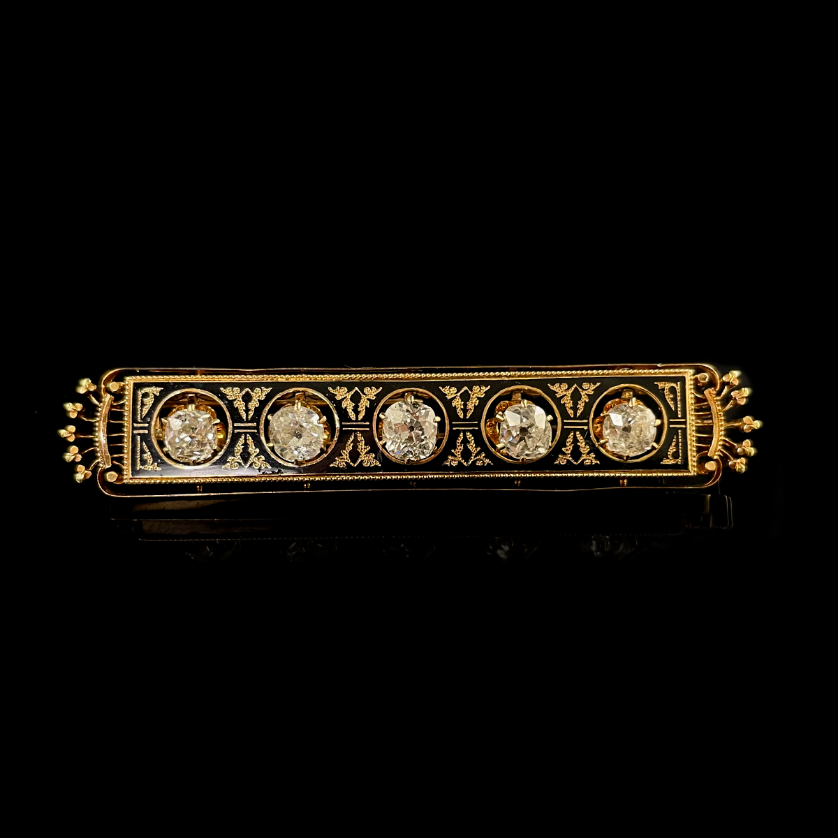 Victorian 14K Yellow Gold Diamond and Enamel Brooch.png