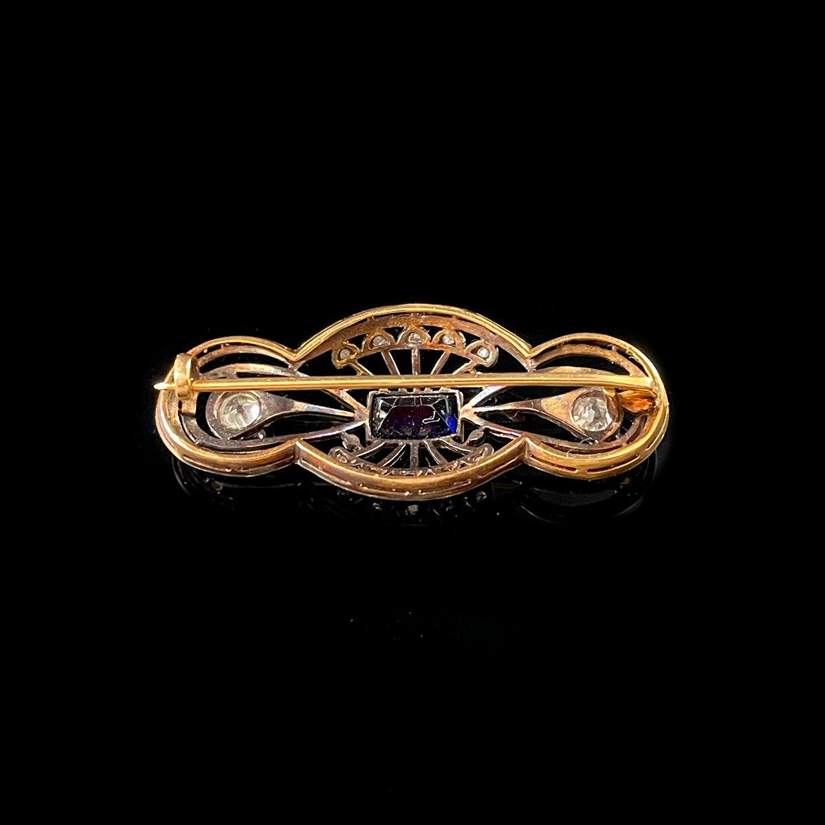 Platinum-Topped 18K Yellow Gold Synthetic Sapphire and Diamond Brooch Back.png