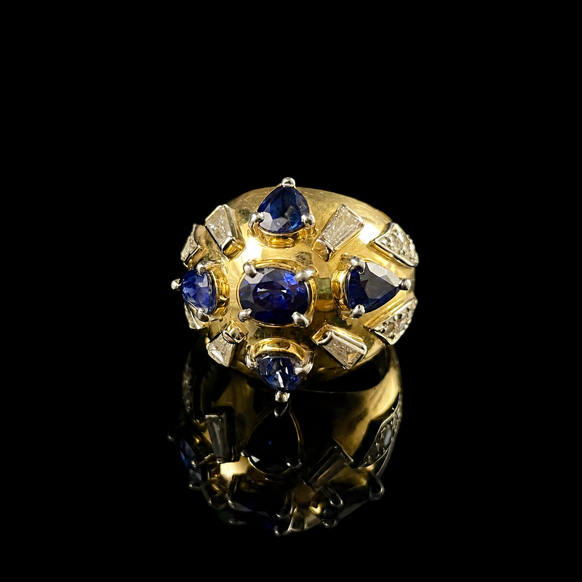 18K Yellow Gold Sapphire and Diamond Bombé Ring signed George Brooks