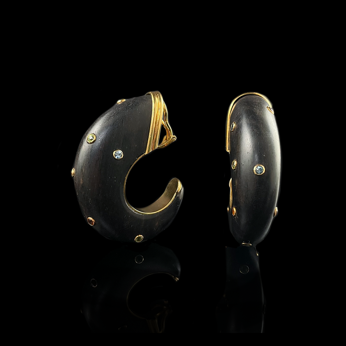 18K Yellow Gold Ebony and Gemstone Earrings signed Fennell.png